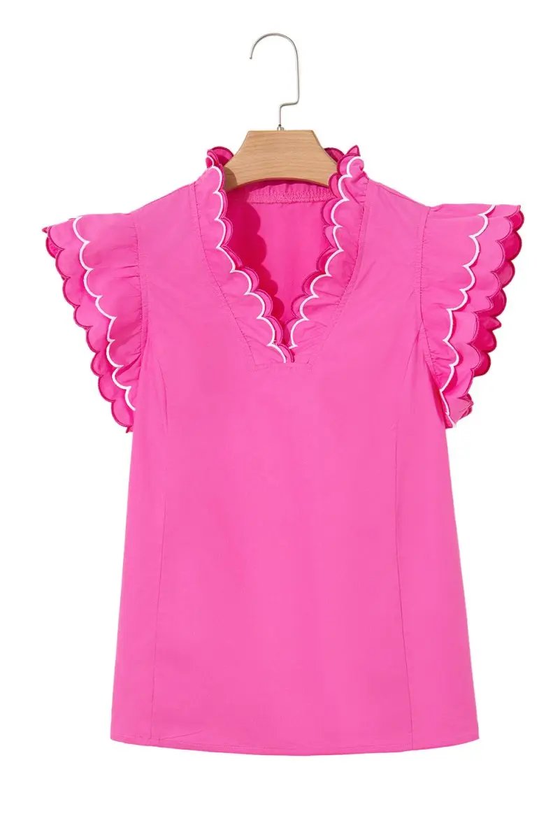 Bright Pink Contrast Scallop Trim Layered V Neck Blouse - Love Salve